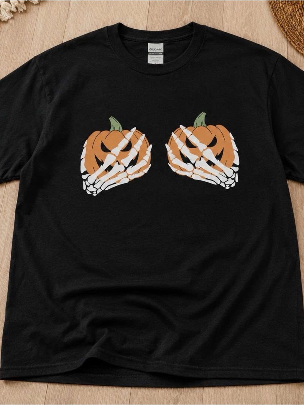 Gildan Black Tee with Skeleton-Handled Pumpkins